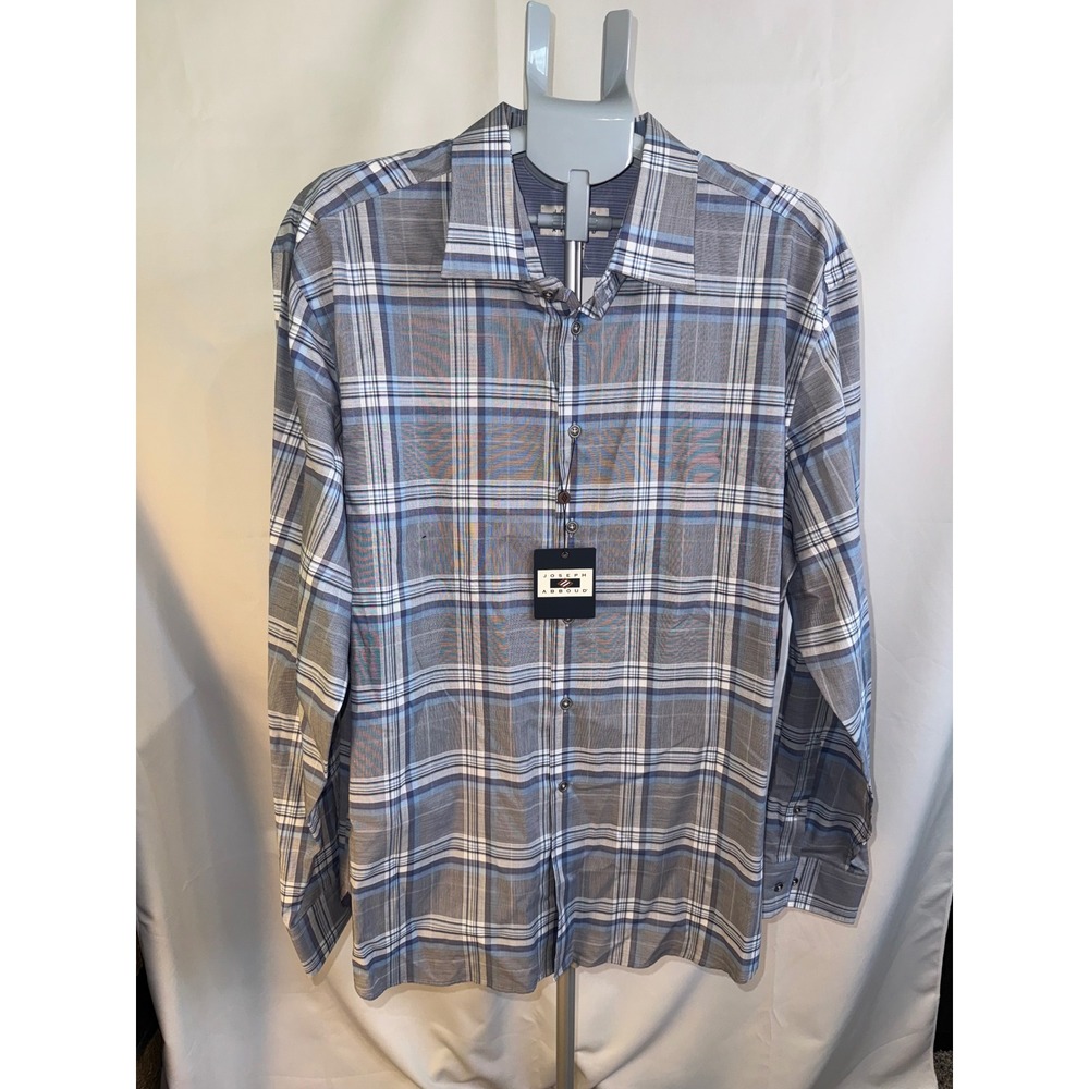 Joseph Abboud Heritage Mens XXL Grey Blue Plaid Long Sleeve Button Down Shirt